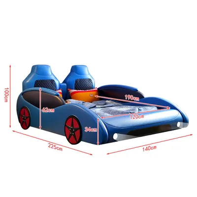 A blue car-shaped bed with dimensions indicated by red lines and text.