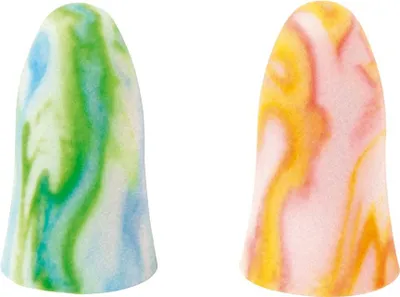 Two earplugs with marbled patterns in green/blue and yellow/pink are shown against a white background.