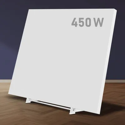 A white infrared heater is shown standing on a wooden floor in front of a dark blue wall.