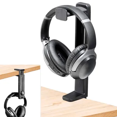 Productafbeelding van Verstelbare hoofdtelefoonhouder, 2-in-1 beugel, zwart, voor op het bureau