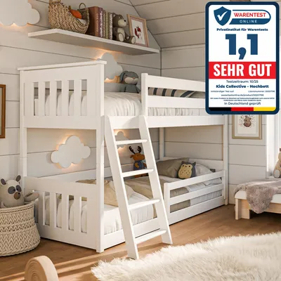 A white bunk bed in a child's room, decorated with cloud-shaped lights and stuffed animals.