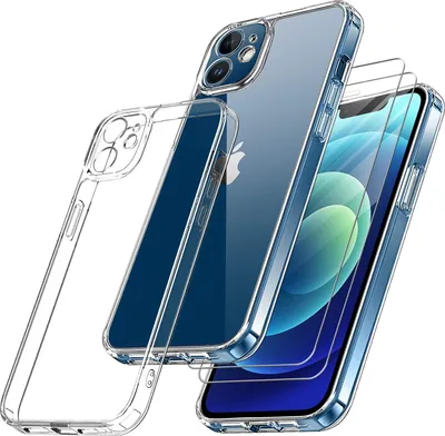A clear protective case and screen protectors for an iPhone 12 Mini are displayed.