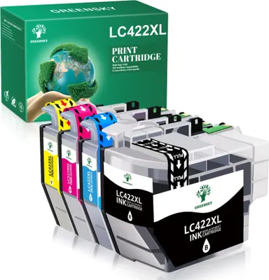 A product shot of printer ink cartridges and their packaging.