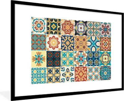 Produktbild von MuchoWow® Gerahmtes Poster Blumen - Vintage - Muster - Blau - Orange 90x60 cm - Poster mit Schwarzem Bilderrahmen Wandposter Rahmen Foto Bilder - Wanddekoration - Fotos