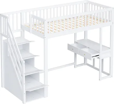 Produktbild von 90x200 Hochbett mit Multifunktionstisch, sicherer Aufbewahrungstreppe, Bettgestell aus massivem Kiefernholz für Kinder und Jugendliche Weiß