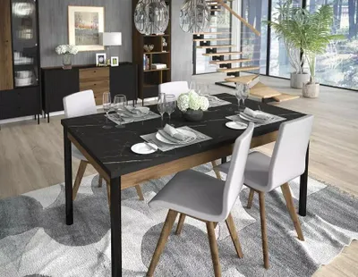 Produktbild von Ausziehbarer Esstisch 160(240)x90 ASHEBORO - Walnuss / San Sebastián / Schwarz