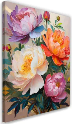 Produktbild von Leinwandbild Pfingstrosen Bunte Gemalte Blumen 40x60 Feeby Bunt bild für die wand bereit zum aufhängen