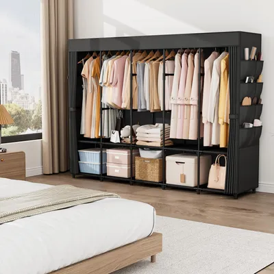 Image de Armoire de rangement pour vêtements, noire, avec 3 penderies, idéale pour une chambre