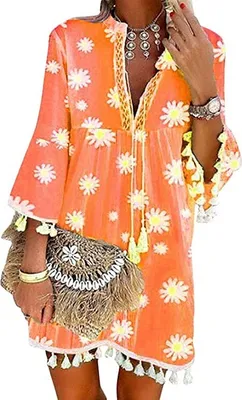 Produktbild von Damen Kleider Strand Elegant Casual A-Linie Kleid Langarm Sommerkleider Boho V-Ausschnitt Quaste Tunika Vintage Böhmen Mini Kleider Strandkleid