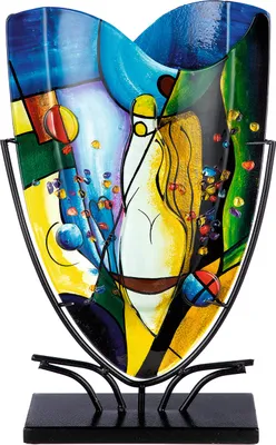 Produktbild von Casablanca by Gilde GlasArt Dekovase "Magic" blau/gelb/grün, mit aufgesetzten Steinchen und Metallfuß, durchgefärbt, H.47 cm, Öffnung: B.18cm, T.6cm, 52434