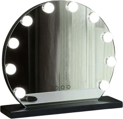 A round makeup mirror with lights on a black base.