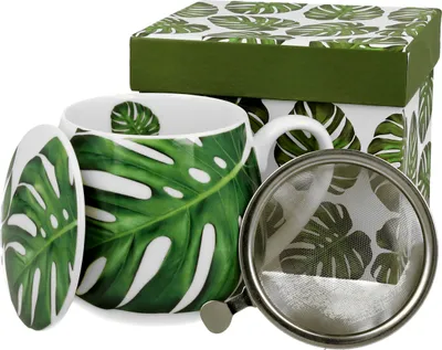 Produktbild von DUO FLORAL Fassbecher 430 ml MONSTERA mit Teesieb, New Bone China Porzellan