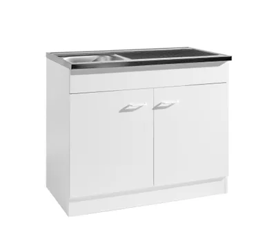 Produktbild von Küchen Spülen Unterschrank Start 100 cm breit 50 cm tief in weiß mit Edelstahl Auflagespüle