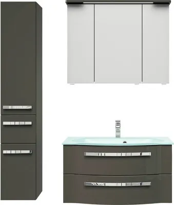 Produktbild von Pelipal Badmöbel-Set Serie 4005 BxHxT 122 x 200 x 49,1 cm Frontfarbe grau hochglanz mit Waschtisch Glas weiß, Waschtisch