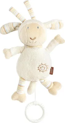 A stuffed sheep toy with a pull string and ring at the bottom.