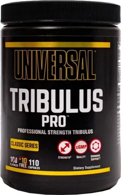 A black plastic container of Universal Nutrition Tribulus Pro dietary supplement capsules.