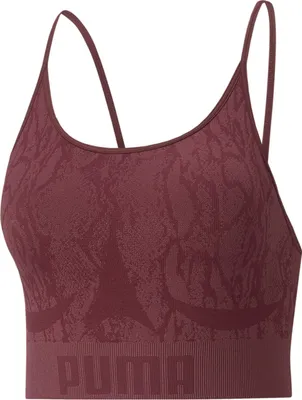 Immagine prodotto di Reggiseno sportivo a lunga linea PUMA Low Impact Formknit Seamless, senza cuciture, colore melanzana/fantasia serpente, taglia L