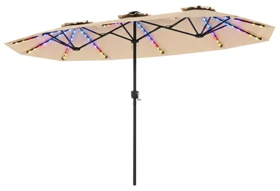 Produktbild von COSTWAY Doppel Sonnenschirm 440x260cm, Terrassenschirm mit Kurbel, LED-Solarbeleuchtung, 12 Lichtmodi & 2 Ladeoptionen, Gartenschirm Marktschirm Beige