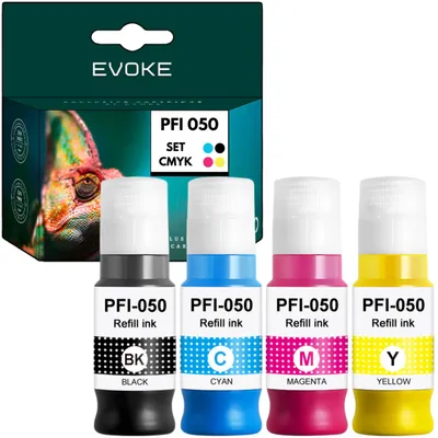 Obrázok produktu pre Kompatibilné atramenty Evoke pre tlačiarne Canon PFI-050 PFI050, 4 ks (CMYK): čierna, azúrová, purpurová, žltá, objem 280 ml, výtlačnosť až 26 000 strán, pre modely imagePROGRAF TC-20, TC-20M