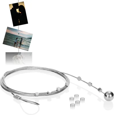 Produktbild von com-four® Set Fotodrahtseil mit 12 Magneten, ca. 200 cm x 1,5 mm, aus Metall - Fotodraht mit Magneten zum Aufhängen von Fotos