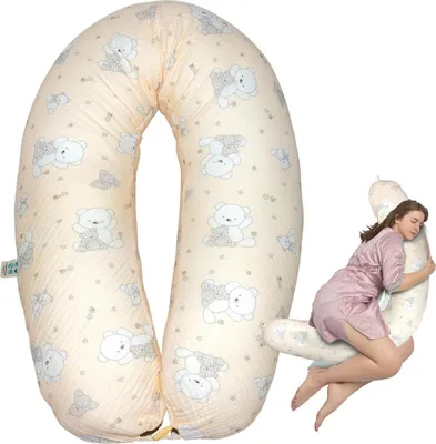 Produktbild von sei Design Stillkissen XXL 190x30 mit Musselin Bezug Seitenschläferkissen Schwangerschaftskissen Babynest Kuschelnest Musselin Bärchen Beige