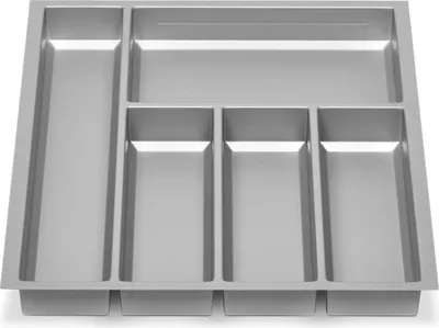 A top-down view of a gray plastic cutlery organizer with multiple compartments.