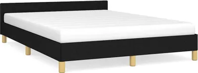 A black upholstered bed frame with a white mattress on a white background.