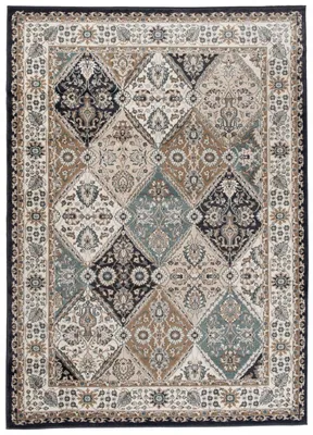 A flat lay image of a rectangular rug with a classic design.