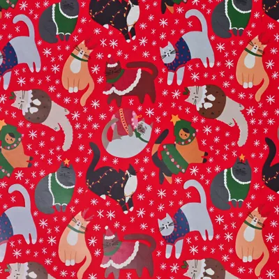 Produktbild von Geschenkpapier niedliche Weihnachtskatzen 70cm x 2m Rolle Rot