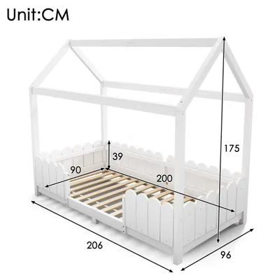 Obrázok produktu pre Detská postel – posteľ s bočnicami, 90 x 200 cm – drevený rám – ochrana proti vypadávaniu – rošt – bez matraca – biela