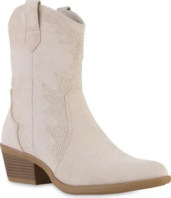 Produktbild von VAN HILL Damen Cowboy Boots Stiefeletten Spitze Nieten Stickereien Schuhe 841512, Farbe: Beige, Größe: 36