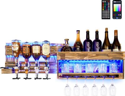 Yorbay Weinregal mit LED-Licht Palette beflammt Holz, Wandbar mit 4 Getränkespender Wand Flaschenhalter Flaschenhalter, Vintage, Geschenk