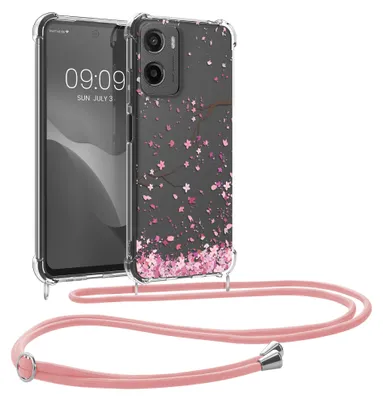 Produktbild von kwmobile Necklace Case kompatibel mit Motorola Moto G05 / Moto E15 Hülle - Silikon Cover mit Handykette - Rosa Dunkelbraun Transparent