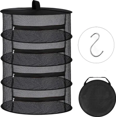 A black mesh drying rack with multiple shelves and a hook, shown against a white background.