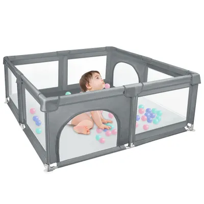 Produktbild von Baby Laufgitter mit 50 Kugel 120x120x66cm Aktivitätszentrum mit atmungsaktivem Netz Rutschfester Basis Dunkelgrau