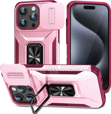 Produktbild von Handyhülle für iPhone 15 Pro Dual Layer Hülle mit Schiebe Kamera Schutz und Ringhalter Ständer Rosa