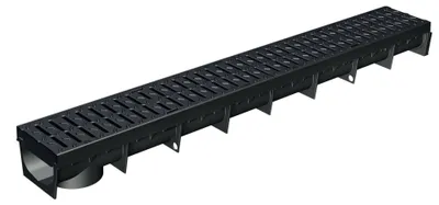MEAPARK Entwässerungsrinne aus schwarzem Kunststoff mit robustem Polyamidrost, Länge 1 Meter.