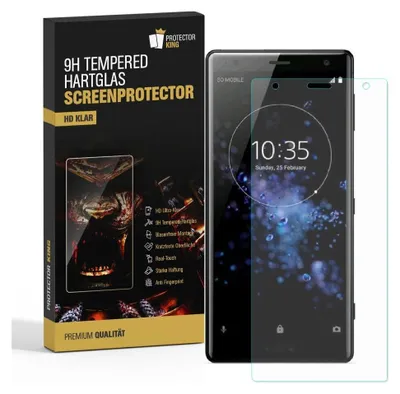 A product box and a smartphone with a screen protector are shown.