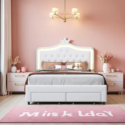 Produktbild von INONEFT Kinderbett 140x200 cm, Prinzessin-Polsterbett mit LED-Beleuchtung und Stauraum, Jugendbett Bettgestell für Mädchen, ohne Matratze, PolyurethanWeiß