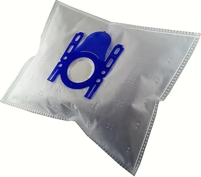 A white vacuum cleaner bag with a blue plastic fitting.