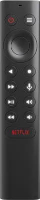 A black remote control with various buttons, including a power button, navigation buttons, and a Netflix button.