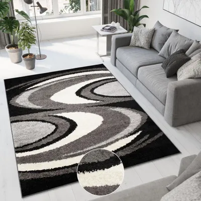 Image de Tapis salon chambre shaggy velours long noir gris  60 x 100 cm