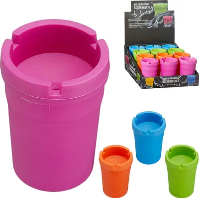 Produktbild von Reiseaschenbecher 12er Set 8x11x8cm grün pink blau orange Kunststoff Deckel abnehmbar Tischaschenbecher Ascher