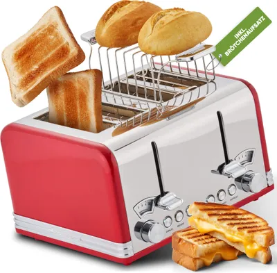 Produktbild von ProfiCook XXL Toaster im stilvollen Vintage-Design - Toaster 4 Scheiben mit Wide-Slot (extra breite Toastschlitze) und massivem Metallgehäuse - Retro Toaster mit Brötchenaufsatz - PC TA 1194 rot