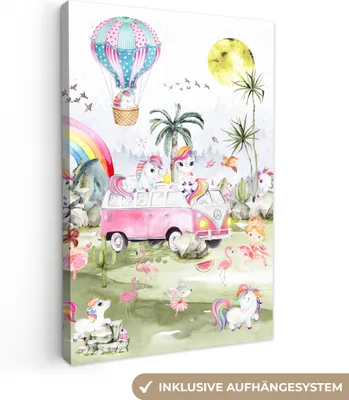 Produktbild von MuchoWow® - Leinwandbilder - Einhorn - Regenbogen - Kinder - Mädchen - Auto, Wandbild, Wanddeko Bilder Wohnzimmer, 40x60 cm