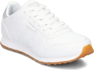 A white Skechers sneaker with a brown sole is shown against a white background.