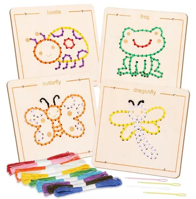 Produktbild von Stickset Stickrahmen Stickspiel für Kinder - Holzstickvorlagen mit Tieren - 4 Muster - 10 bunte Garne - Für Anfänger
