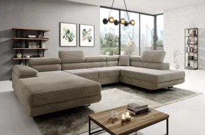 Produktbild von Easy4You Beige Ecksofa Varberg Kord in U-Form 345 x 72 x 205 cm mit Schlaffunktion und Bettzeugbehälter - Schlafsofa mit Bettkasten - Rechts - Eckcouch mit Stauraum - Stoff: Kord Poso 02