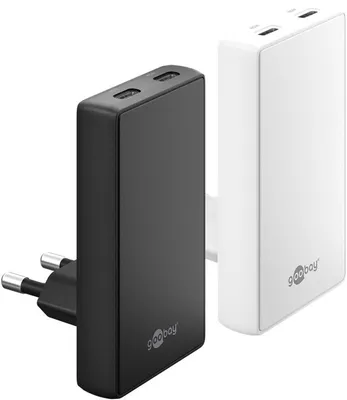 Immagine prodotto di Goobay 75722 Multi Fast Charger USB-C™ PD GaN Caricabatterie rapido doppio a 90° (45 W) bianco, bianco - 2 porte USB-C™ (Power Delivery)