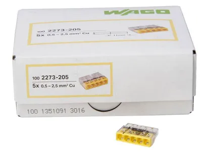 A box of WAGO 2273-205 compact connector blocks with one block shown in front of the box.